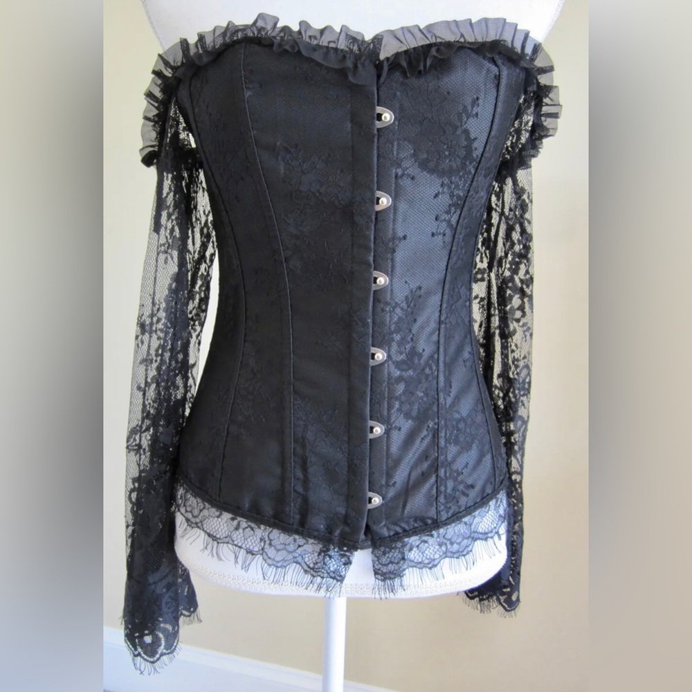 Corset Bustier, Lace Sleeves, back laces-up w/ 6” to adjust, Fits 34”-40” bust.
